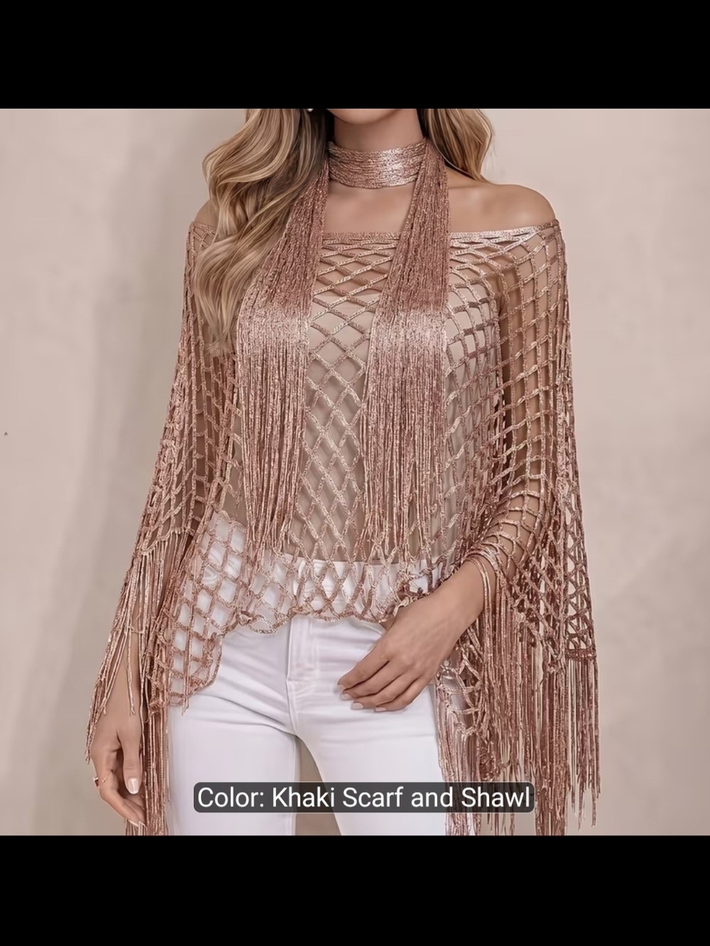 Metallic Knit Fringe Scarf Coverup- Rose Gold Tone